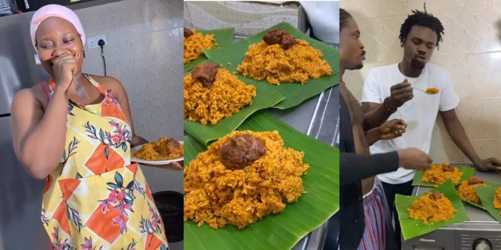 funny-moment-lady-served-food-to-her-brothers-on-plantain-leaves-because-they-hate-washing-their-plates-after-eating-(video)