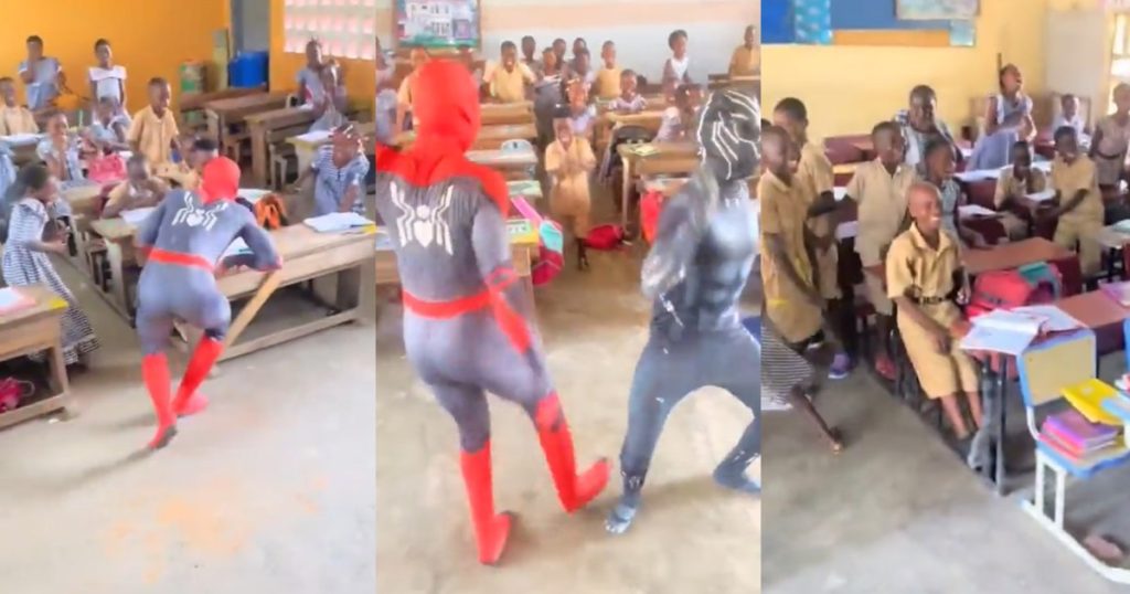 “these-kids-will-never-forget-this-day”-–-pupils-go-w!ld-as-spider-man-and-black-panther-pays-surprise-visit-to-primary-school-(watch)