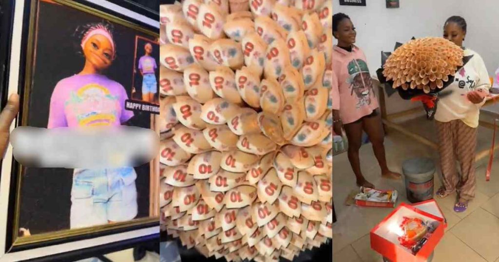 lady-gifts-friend-₦10-notes-bouquet-and-bread-as-creative-revɘnge-gift-after-receiving-funny-picture-frame-for-her-birthday-(watch)