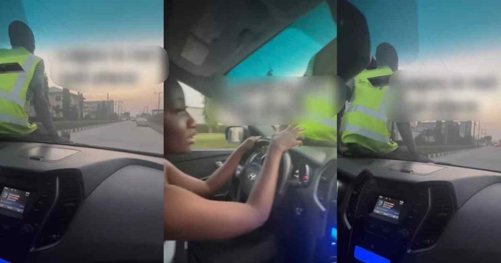 lady-is-astonished-as-a-man-sits-on-her-car’s-bonnet-to-give-directions-to-her-destination-(watch)