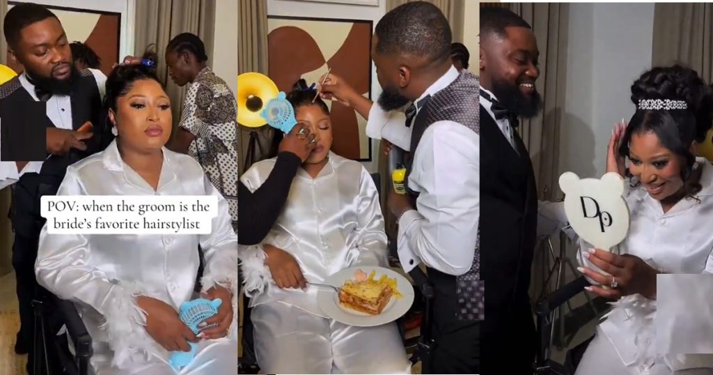 netizens-amazed-as-groom-styles-wife’s-hair-on-their-wedding-day-(video)