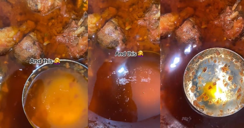“i-gave-my-husband-a-chance-in-the-kitchen”-–-woman-skims-excess-oil-from-stew-prepared-by-husband-(watch)