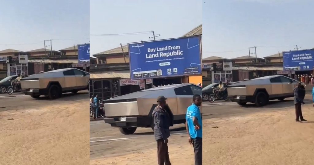 “e-reach-naija-the-car-nor-fine-again”-–-nigerians-react-to-viral-video-of-a-tesla-cybertruck-spotted-in-ibadan-(video)