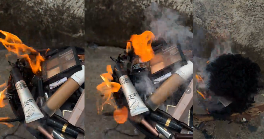 lady-proves-her-new-found-devotion-to-god-by-setting-f!re-to-all-her-cosmetic-products-(watch)