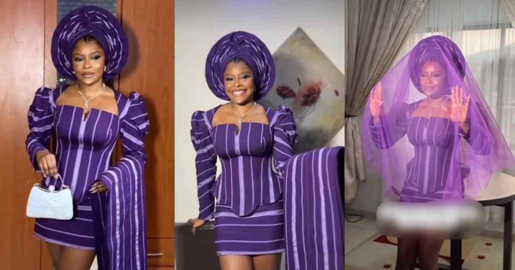 “the-unconventional-bride”-–-traditional-wedding-attire-gets-a-modern-twist-as-nigerian-bride-wears-aso-oke-blouse-and-mini-skirt-(watch)