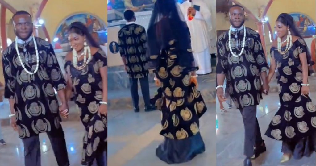 “you-no-fancy-the-oyinbo-style-but-you-do-church-wedding”-–-nigerian-couple-d!tches-white-wedding-outfit-for-igbo-traditional-attire-at-their-church-wedding-(watch)