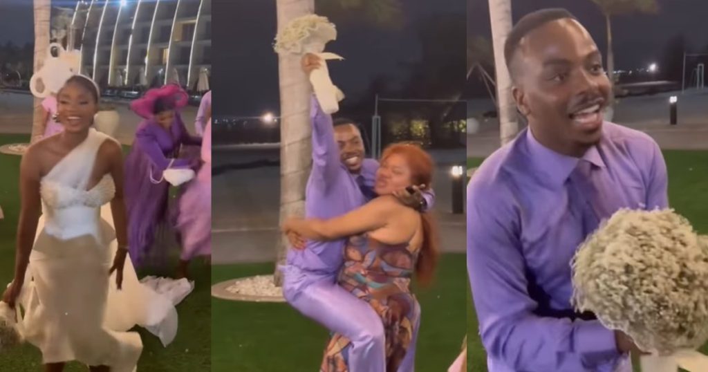 adorable-moment-influencer-enioluwa-caught-the-bouquet-at-priscilla-ojo’s-wedding-in-tanzania-(video)