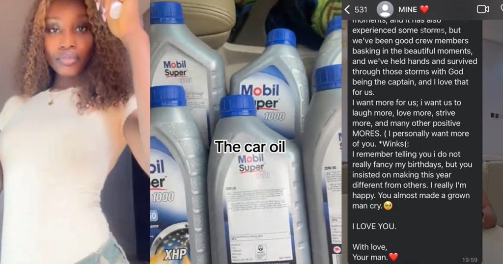 lady-receives-‘lengthy-heartfelt-message’-from-boyfriend-after-gifting-him-six-car-oil-as-birthday-gifts-(watch)
