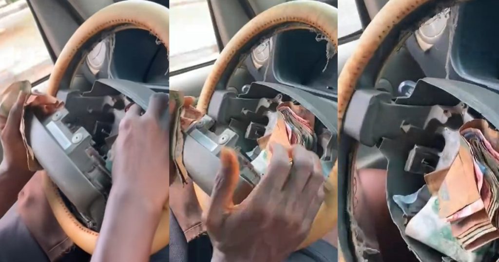 lagos-driver-devises-an-unconventional-method-to-save-money,-utilizes-airbag-compartment-in-steering-wheel-(watch)