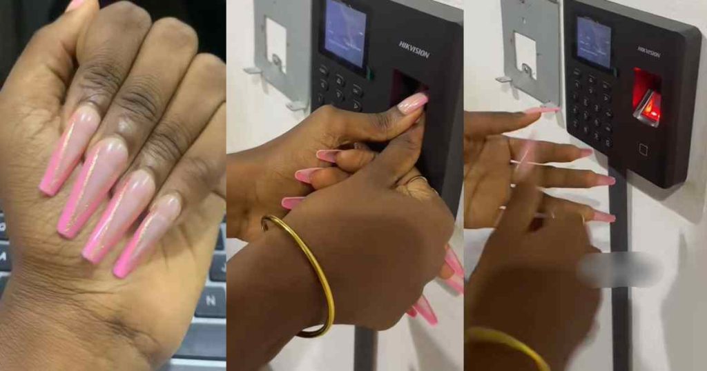 lady-shares-her-struggle-to-sign-in-at-work-after-fixing-long-acrylic-nails-(watch)