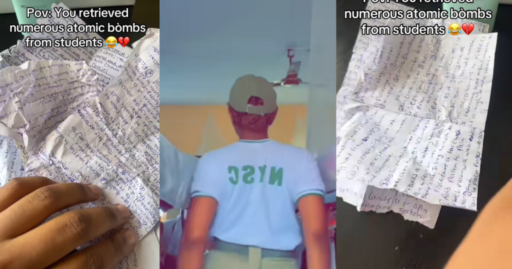 nysc-corp-member-shares-the-numerous-‘cheat-sheet’-she-retrieved-from-students-during-an-exam-(video)