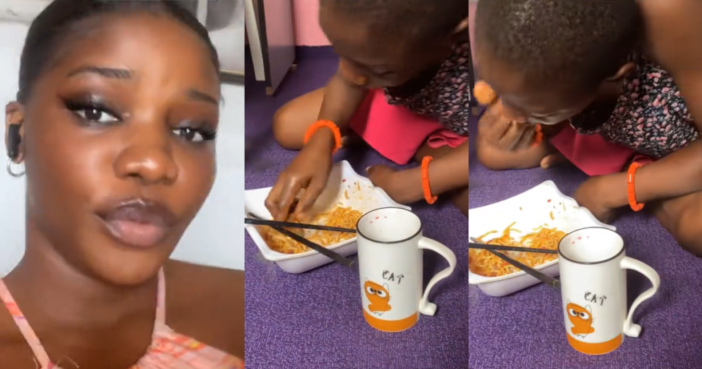 lady-stunned-after-her-niece-d!tch-chopsticks,-uses-her-hands-to-eat-spaghetti-(video)