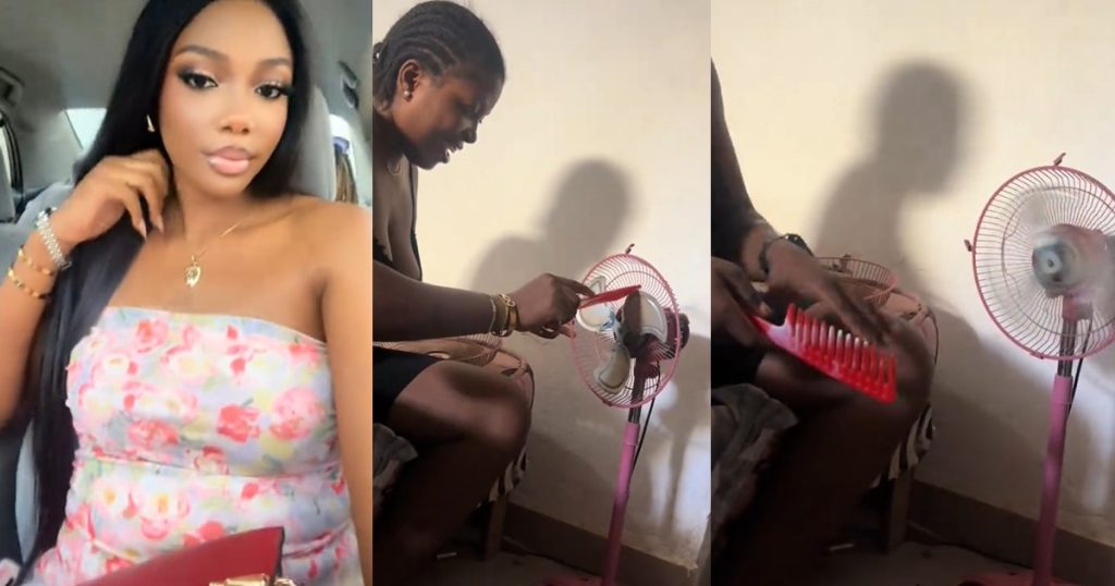 lady-struggles-to-switch-on-her-standing-fan-after-her-friend-complained-of-heat-(watch)