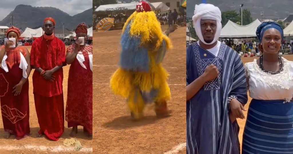 “why-my-own-things-dey-always-different”-–-lady-lamɘnts-as-her-boyfriend-wears-a-masquerade-costume-while-his-fellow-male-corpers-represent-their-platoon-in-royal-attire-at-the-nysc-cultural-festival-(video)