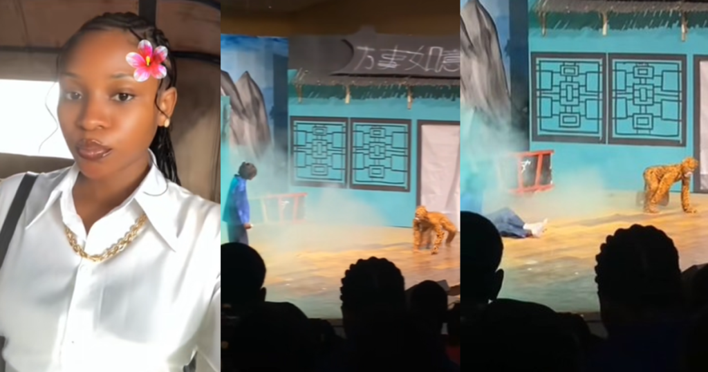 lady-stunned-after-discovering-a-‘real-tiger’-in-unilorin-during-a-stage-performance-(watch)