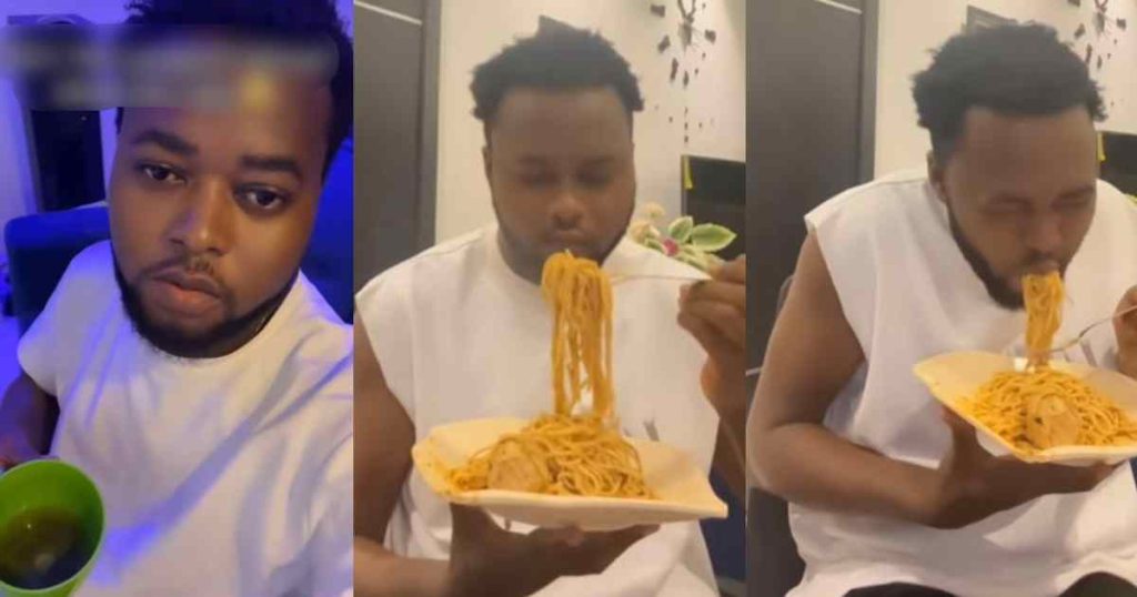 “my-tongue-still-dey-vɘx-for-me”-–-man-lamɘnts-after-burning-his-mouth-while-eating-hot-pasta-during-a-video-shoot-(watch)