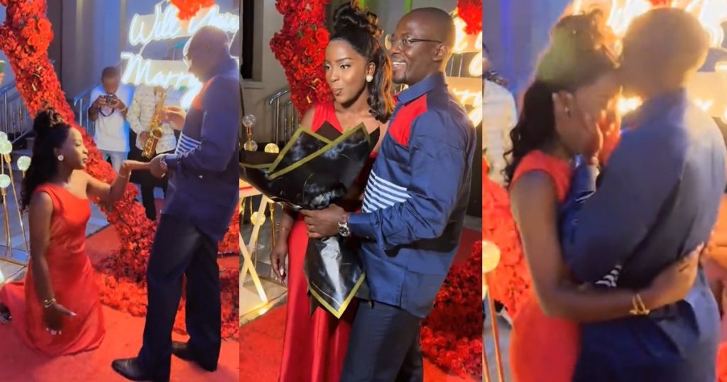 video-of-a-lady-kneeling-to-receive-her-engagement-ring-from-her-partner-at-their-proposal-stirs-mixed-reactions-online-(video)