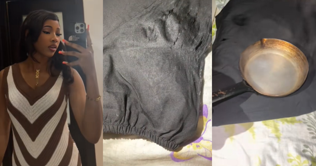 lady-shares-how-she-mistakenly-burned-her-outfit-and-mattress-while-trying-to-iron-with-a-frying-pan-(watch)