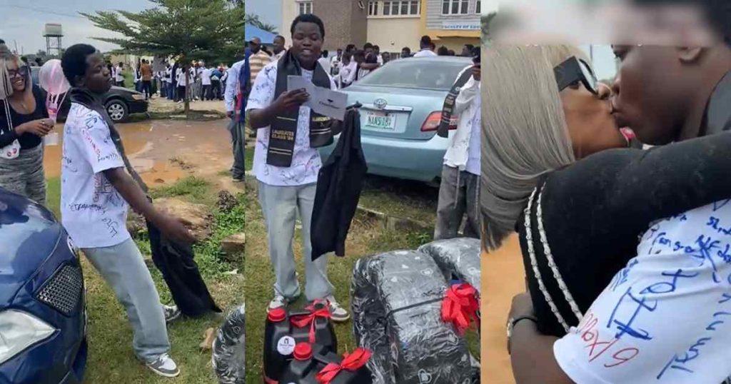 the-lovely-moment-a-lady-gifted-her-boyfriend-tyres-and-kegs-of-fuel-on-his-signing-out-day-(video)
