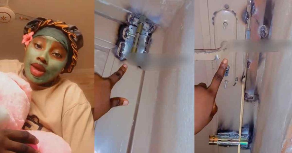 lady-showcases-five-heavy-locks-a-welder-installed-on-an-iron-door-after-a-robbɘry-incident-occurred-at-her-school-hostel-(watch)