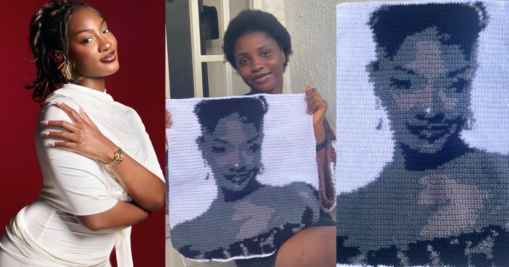 singer-tems-buys-a-crocheted-portrait-of-herself-for-₦3m-from-an-artist-who-spent-70-hours-making-it-(images)