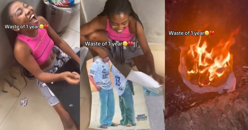 “waste-of-one-year”-–-lady-destr0ys-a-framed-photo-of-her-and-her-boyfriend-after-their-one-year-relationship-ended-(video)