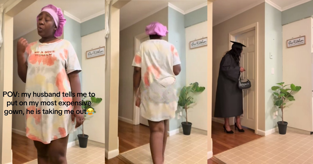 lady-shows-up-in-her-graduation-gown-after-her-husband-asked-her-to-wear-the-most-expensive-gown-she-owned-(watch)